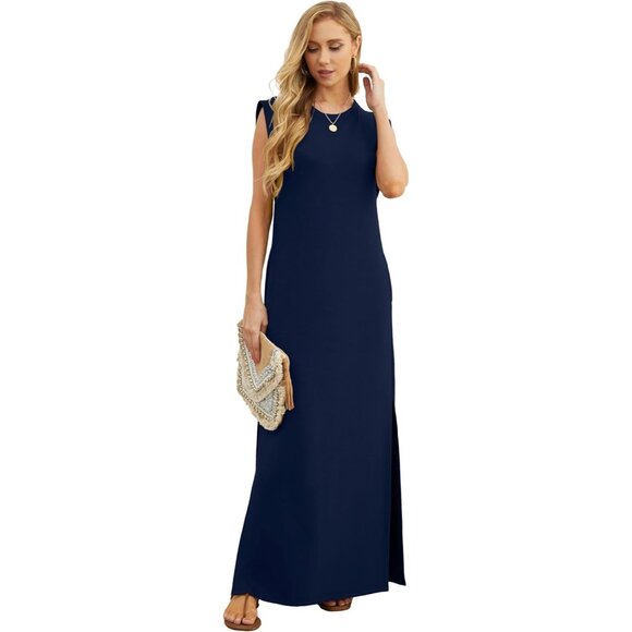 Grecerelle Women Navy Blue Round Neck Loose Split Wrinkle-Free Long Maxi Dress - Picture 4 of 6
